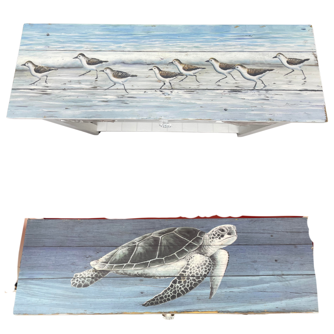 Coastal Print Bench with Basket